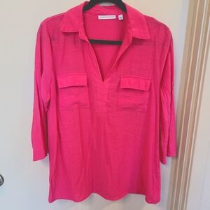 Notations Women's Top Size Large Hot Pink Fuchsia 3/4 Sleeves V-Neck EUC